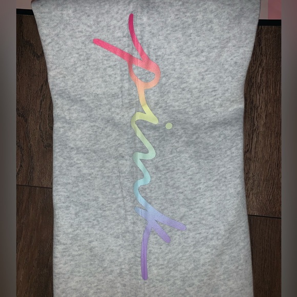 NEW VS PINK Size SMALL Grey with Rainbow Script Logo Boyfriend Sweatpant. - Picture 3 of 11